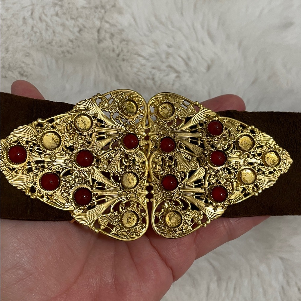 VTG Dior Brown Suede Belt with Ornate Gold Buckle and Red Accents - Picture 2 of 8